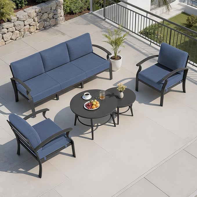 RTDTD Aluminum Outdoor Patio Furniture Set,5 Seats Patio Conversation Sets with 2 Round Coffee Tables,Metal Patio Sectional Furniture Set with 5.1" Thickened Cushions,Navy Blue