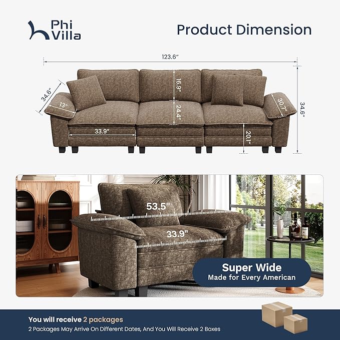 PHI VILLA Modern Modular Couches Sets, 123.6" Cloud Sectional Sofa with Upholstered Deep Seat, 3-Seater Couch for Living Room Small Spaces, Chenille Fabric, Taupe