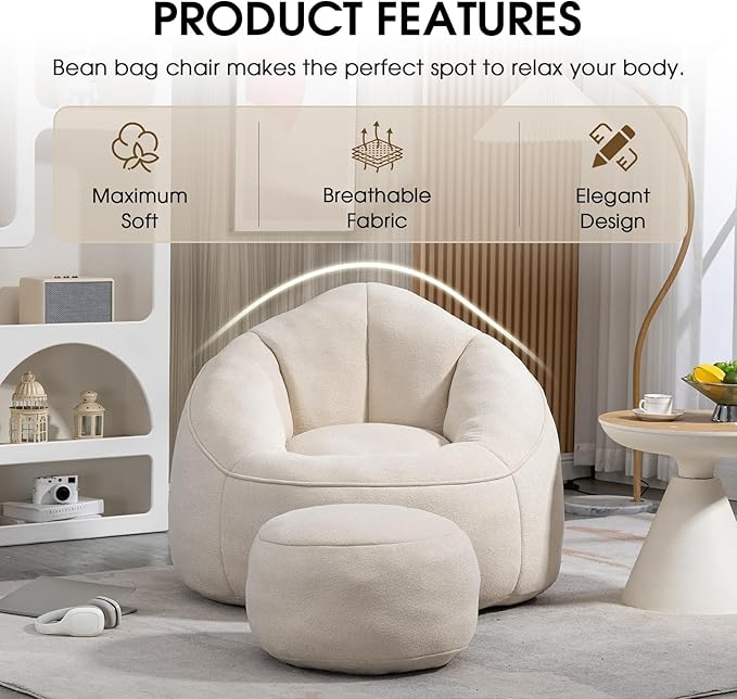 Sudwesto Bean Bag Chair for Adult, Microfiber Upholstered Bean Bag Sofa with Petal Back, Shell-Shaped Beanbag Chair with Footstool, Memory Foam Stuffed Lazy Sofa for Living Room, Bedroom (Beige)