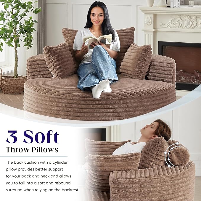 360-Degree Oversized Swivel Chair, Modern Round Circle Corduroy Comfy Deep Seat Swivel Accent Chaise Lounge Sofa Chair with Back Cushion & 2 Throw Pillows for Living Room Bedroom Office, Brown