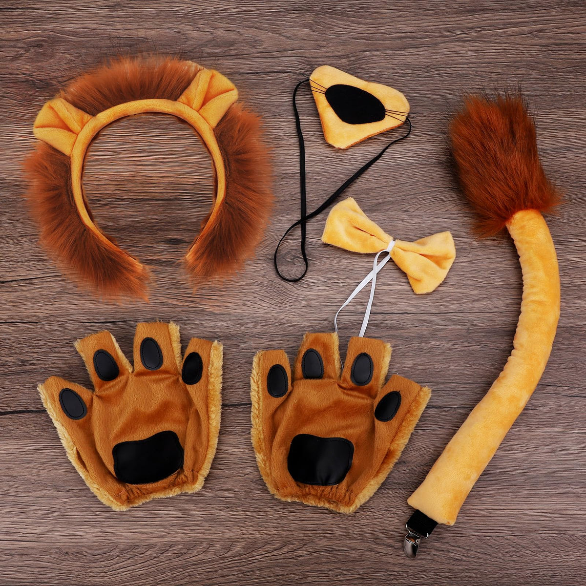 NinkyNonk 6 PCS Lion Costume Kits Includes Lion Ears Headband Tail Nose Bowtie Gloves for Lion Cosplay Halloween Party Dress Up 101 Days of School Supplies