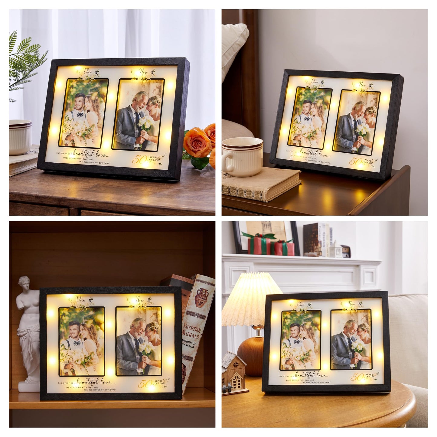 Then & Now 50th Anniversary Picture Frame for Couple, Celebrate Years of Love Anniversary Wooden Photo Frame for Parents, Husbands, Wives, Wedding Engagement Gifts, Double Frame 4x6 Photos Black