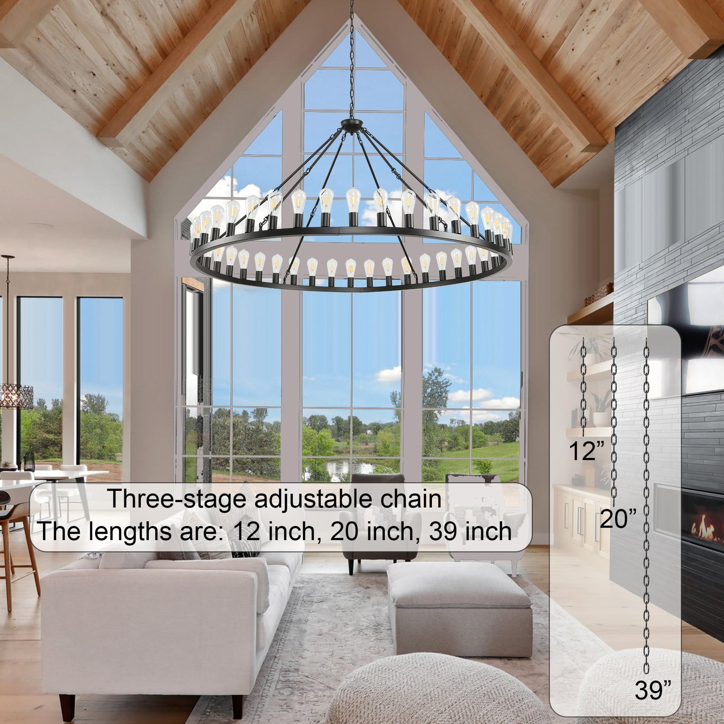 SARUDIIR Extra Large Wagon Wheel Chandelier Farmhouse 64" 42-Light Black Farmhouse Round Wheel Chandelier Light fixtures for Outdoor Porch high Ceilings Dining Room Living Room
