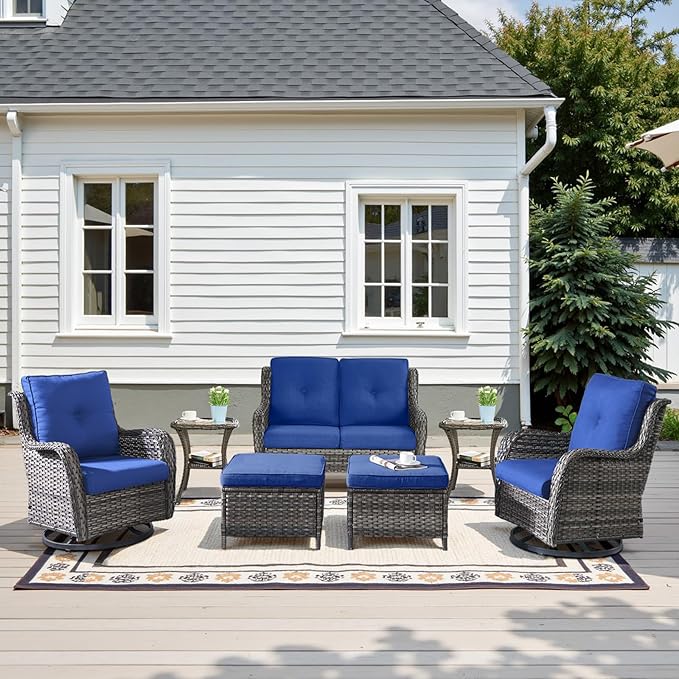 Belord Outdoor Patio Furniture Set - 7 Piece Gray Wicker Conversation Patio Furniture Set All Weather Swivel Chairs with Ottoman and Loveseat Glider Chair for Deck Balcony Backyard