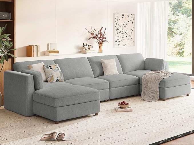 CUGOAO 153.4'' Modular Sectional Sofa, Oversized U-Shaped Sectional Couch with Ottoman, Deep Seat Chenille Cloud Couch, Mordern Upholstered Couches for Living Room, Apartment, Office, Grey