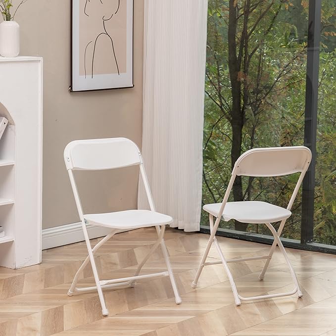 BTEXPERT® Set of 8, White Plastic Folding Chair Steel Frame Commercial High Capacity Event Chair Lightweight Set for Office Wedding Party Picnic Kitchen Dining Church School