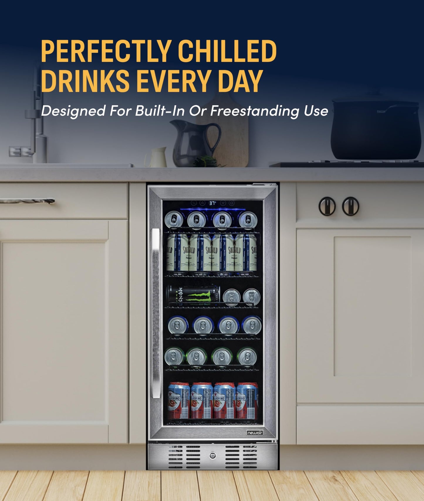 NewAir 96 Can Built-In Beverage Refrigerator | 15” Small Mini Fridge for Bedroom, Home Bar or Office | Quiet Cooling & Precise Temperature Control | Stainless Steel