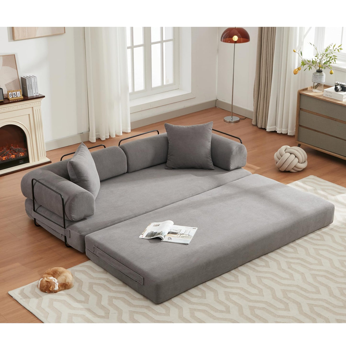 ZEIINPA Convertible Sleeper Sofa Bed with Cylindrical Pillow, Corduroy Folding Mattress Couch with Fixed-Shape Frame, Floor Sofa Lounge Couch for Living Room Bedroom Lounge Studio-Grey