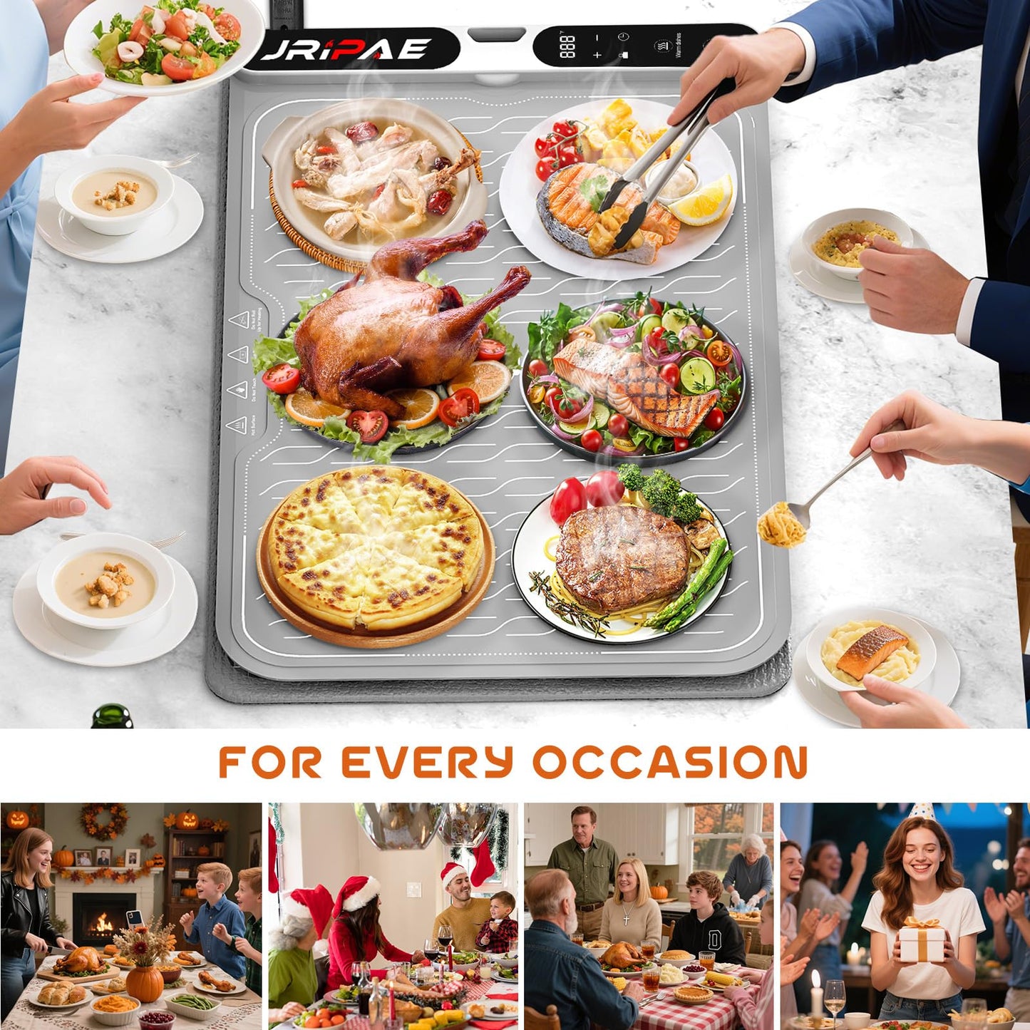 Jripae Warming Mat for Food, Fast Heating Silicone Electric Warming Tray with Heat Resistant Pad Protects Table,7 Level Temp, 8H Timer, Portable & Rollable Food Warmers for Parties Buffet, Daily Use