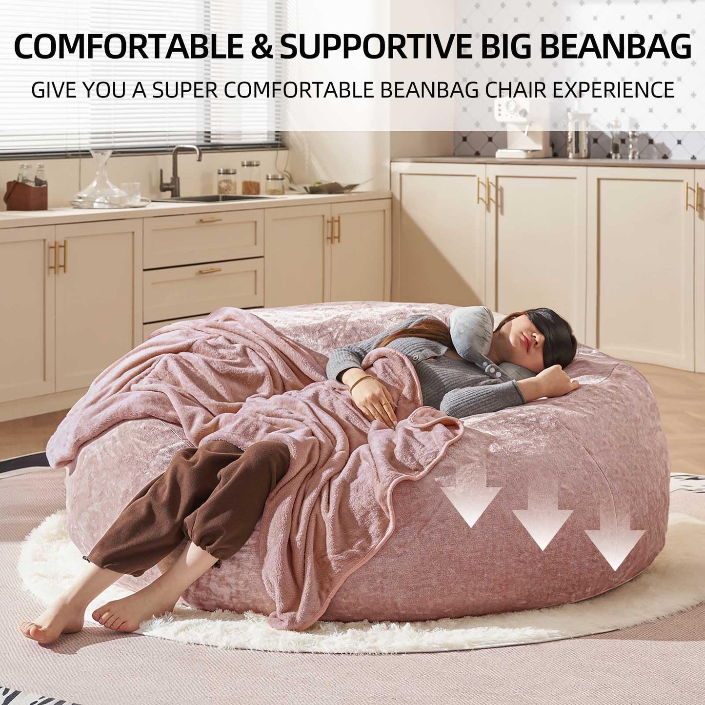 Bean Bag Chair 5Ft, Memory Foam Filled, Large Beanbag Chairs for Adults and Teens, Soft Sofa with Removable Flannel Cover, Round Couch for Living Room Bedroom College Dorm (Pink, 5FT-60×60"×24")