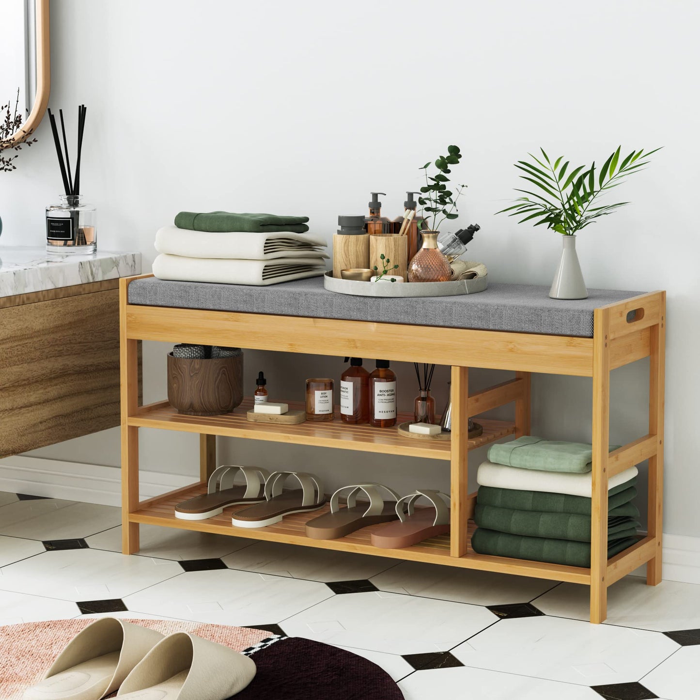 HIFIT Bamboo Shoe Bench Rack with Storage, Entryway Storage Bench with Padded Seat, Shoe Oiganizer Shelf for Entryway Mudroom Bathroom Hallway, Natural