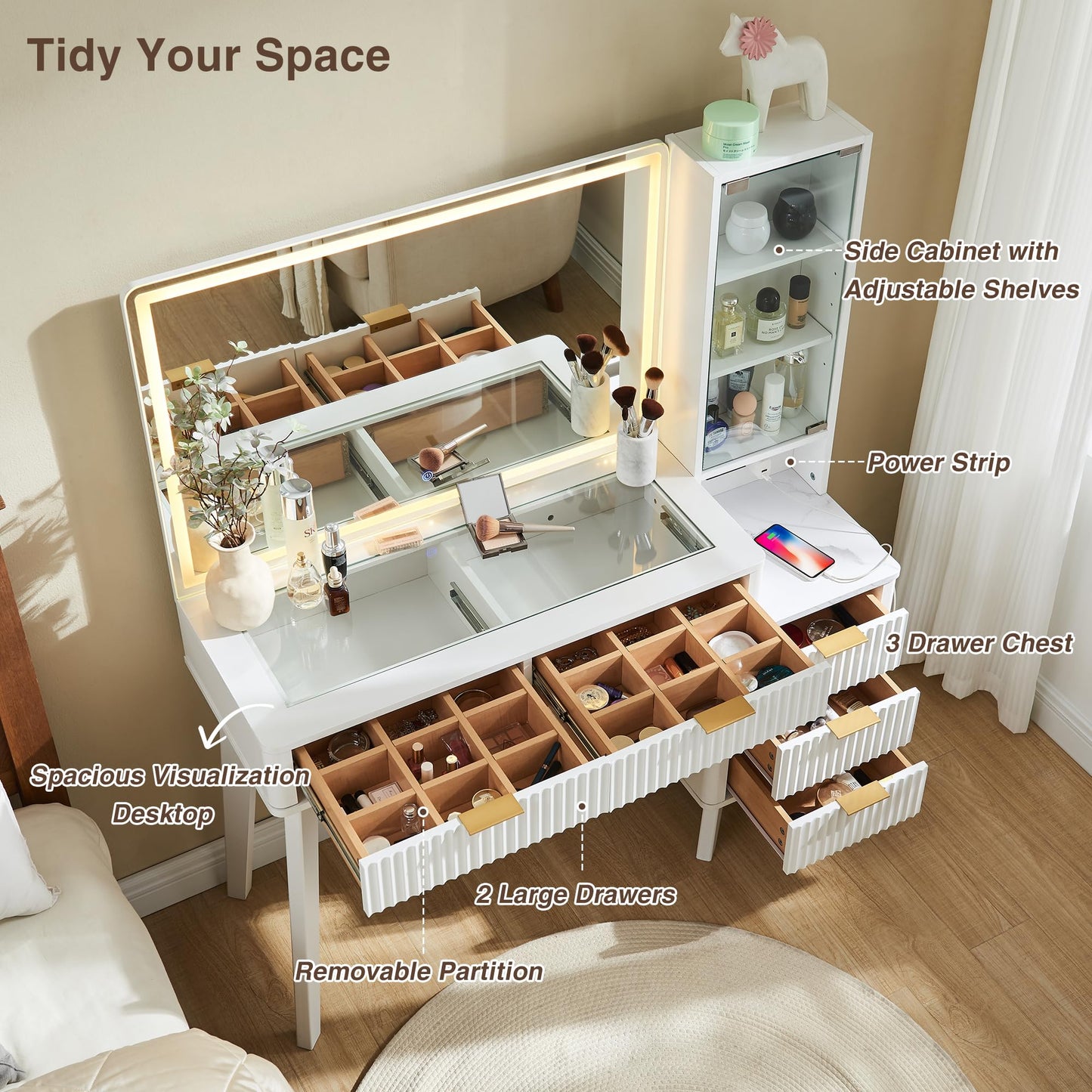 T4TREAM 48" Fluted Makeup Vanity Desk with Large 36" Mirror and Lights, Modern Glass Top Big Vanity Table with 5 Drawers & Adjustable Shelves, Dressing Table Set w/Charging Station for Bedroom, White