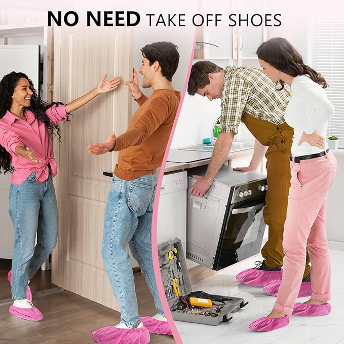 squish Shoe Covers Disposable Non Slip, 100 Pack(50 pairs) Pink Thick Extra Disposable Boot Covers Slip Proof Shoe Cover for Indoors Outdoors Durable Protector Covers Fits Virtually Most Shoes