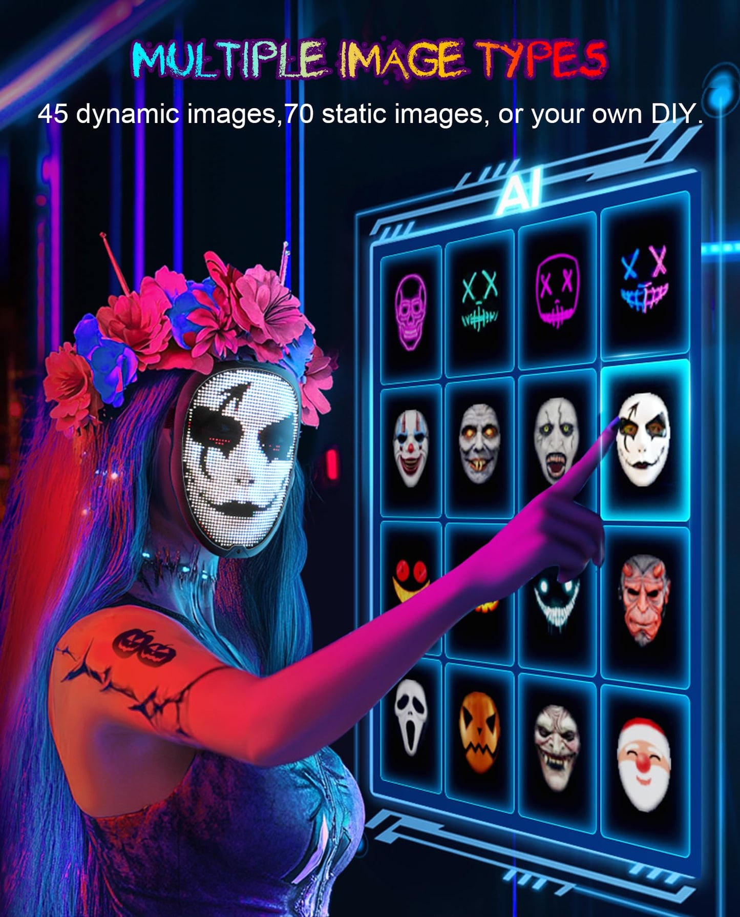 Yinenio LED Mask with Programmable App & Gesture Sensing, DIY Unisex LED Lighted Face Transforming Mask for Halloween Costume