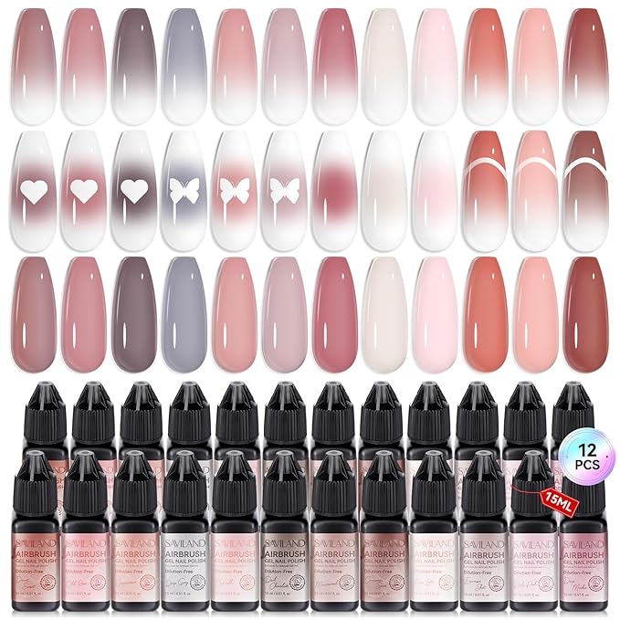 SAVILAND Airbrush Gel Polish Hema-Free: Dilution-Free 12PCS Cappuccino Color Airbrush for Nails Non-Acetone Fine Mist Spray for Gradient & Ombre Nail Art Airbrush Gel Nail Polish Set for Nail Supplies