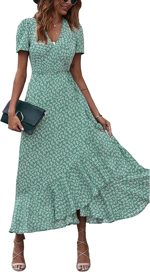 PRETTYGARDEN Women's Boho Floral Maxi Dress Summer Short Sleeve Wrap V Neck Long Flowy Beach Vacation Wedding Guest Dresses