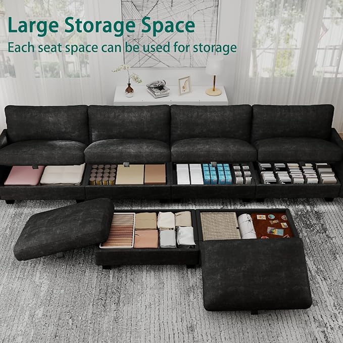 OhaiAura Modular Sectional U Shaped Sofa Couches for Living Room, Cloud Couch with Storage Ottoman, Comfy Chenille Sofa with Pillow, Black