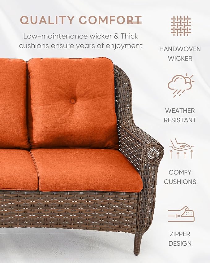 ACTREST Patio Couch Outdoor Wicker Sofa - Heavy Duty All-Weather Brown Rattan 3-Seater with High Back and Comfortable Thick Cushions for Garden Back Porch Poolside Apartment - Orange