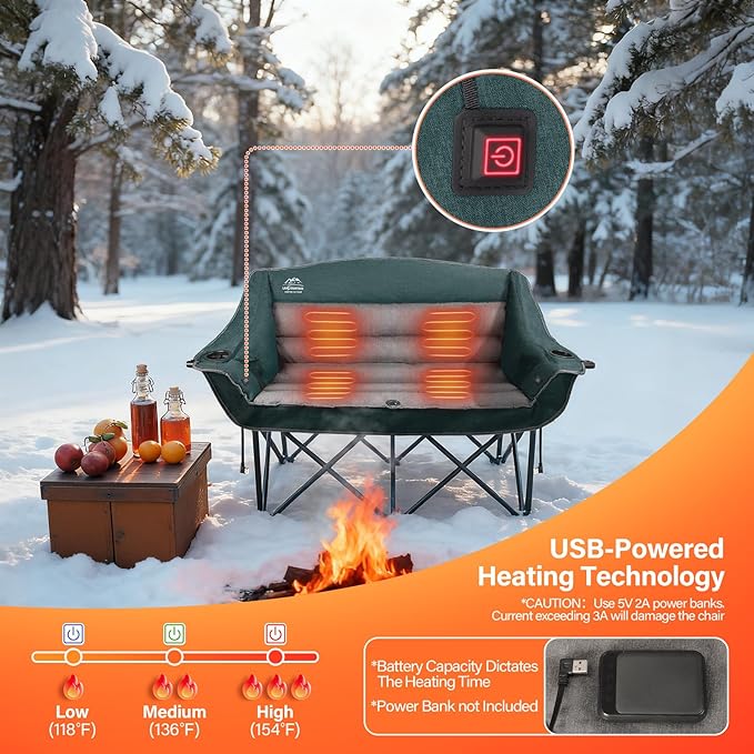 LANMOUNTAIN Heated Double Camping Chairs,3 Heat Levels Padded Portable Loveseat w/Wine Glass Holder,Cup Holder,Heating Outdoor Camp Couch Support 600 Lbs,Dark Green,Battery NOT Included