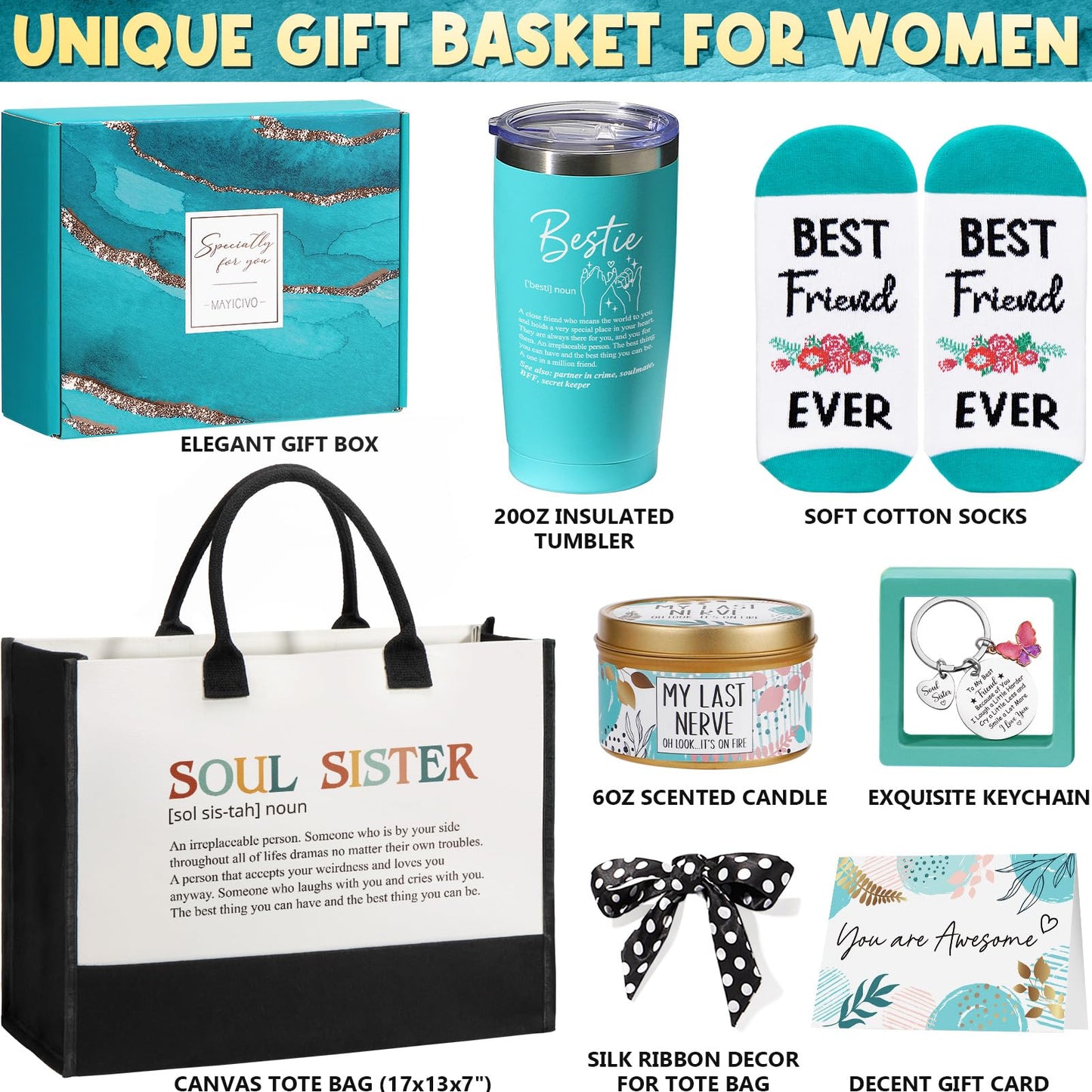Best Friend Birthday Gifts for Women, Friendship Gifts for Women Friends Female Funny Sister Gifts from Sister Mothers Day Gifts Basket for Mom Friends Female Bestie Soul Sister BFF w/ Canvas Tote Bag