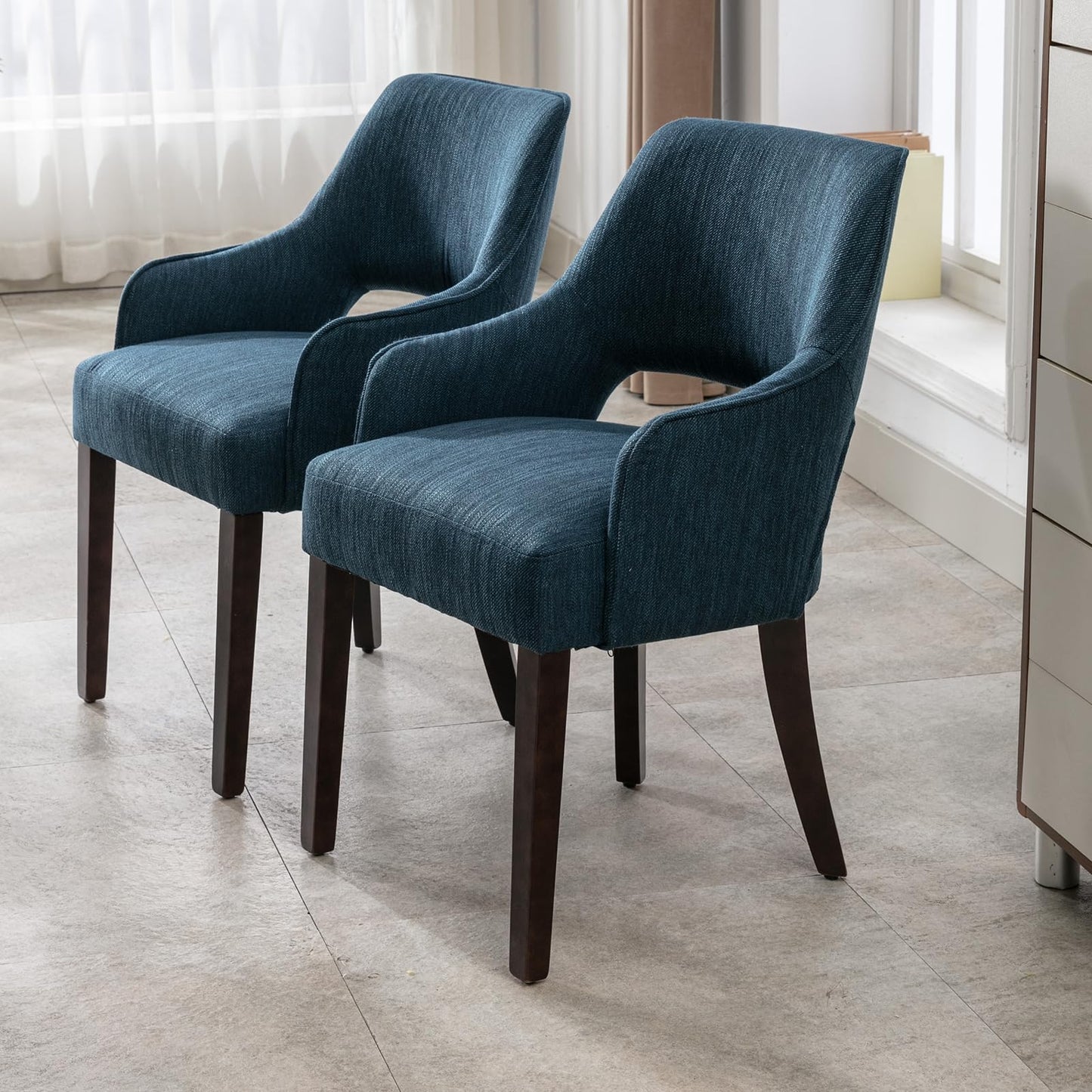 Kmax Linen Fabric Dining Chairs Set of 2 Upholstered Side Chairs Farmhouse Accent Chairs with Open Back Wood Legs for Dining Room Guest Room Restaurant, Blue(Wider Seats)