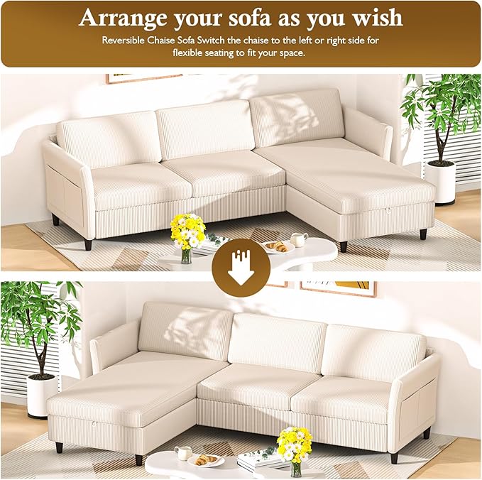 Valthie Convertible Sectional Sofa,Corduroy L-Shaped Couch with Reversible Storage Chaise,3-Seater Sofa with Side Pocket for Living Room,Bedroom and Office, 106.7",Beige