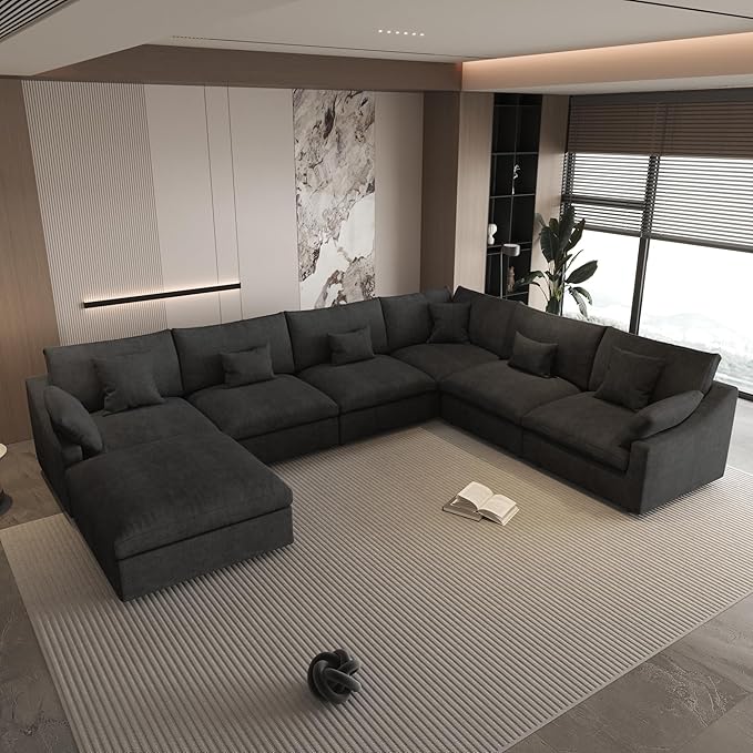 WJShome Cloud Couch for LivingRoom,153" U Shaped Modular Sectional Sofa with Ottoman,Down Filled 7 Seater Convertible Sleeper Sofa Bed Oversized Furniture Sets,Black