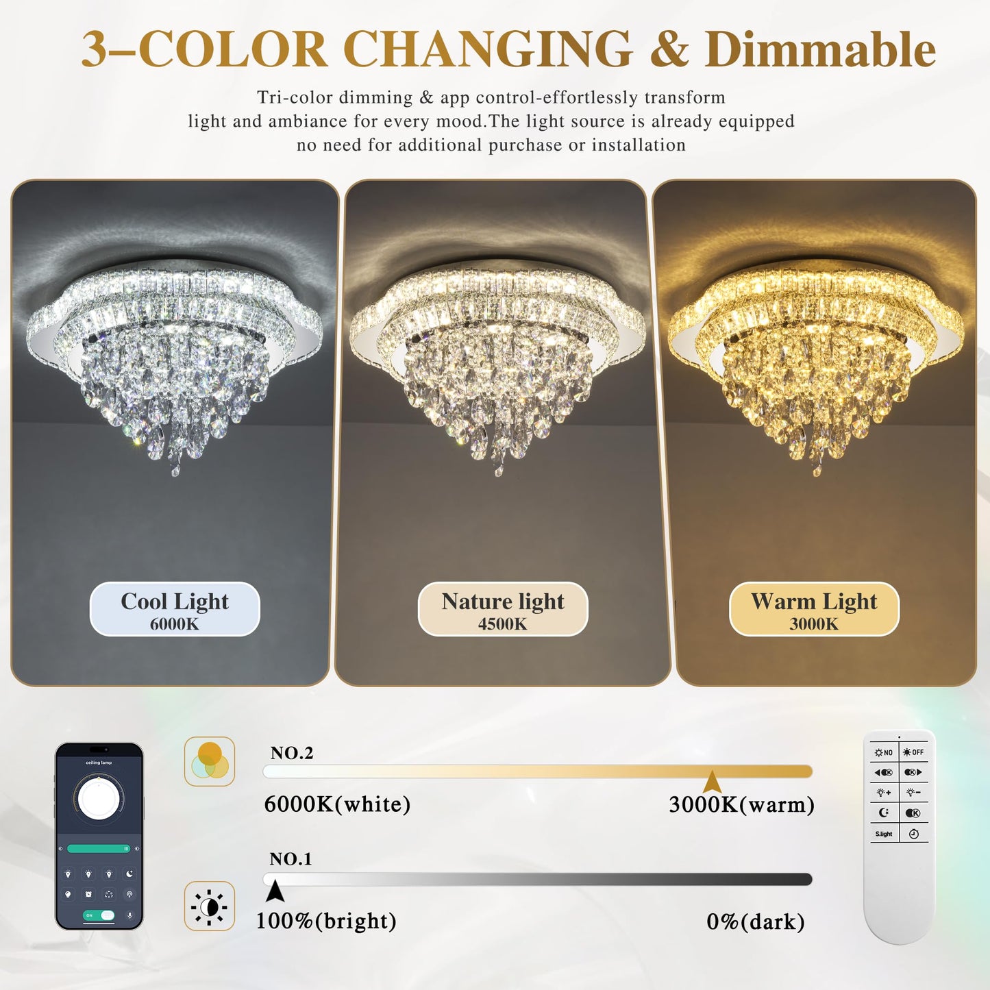 OSGNER 24" Sliver Crystal LED Ceiling Light Fixture with Remote Control,Flush Mount Chandelier with 3-Color Dimmable for Living Room Bedroom Dining Room Hallway - Modern Flower Design