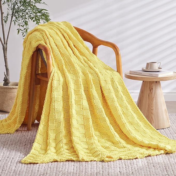 Knitted Weighted Blanket for Adult, No Beads Heavy Blanket 48” x 72'' 15lbs, Breathable Chunky Knit Blanket, Cooling Weighted Blanket for Hot Sleepers, Christmas Home Decor (Yellow)
