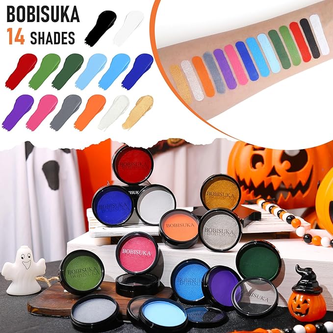 BOBISUKA Pink Face Body Paint, Water-Based Face Painting Kit & Body Paints, Kids Adults Facepaint for Halloween Unicorn Panther Doll & Sugar Skull Makeup, Costume Cosplay Party Theater & Stage
