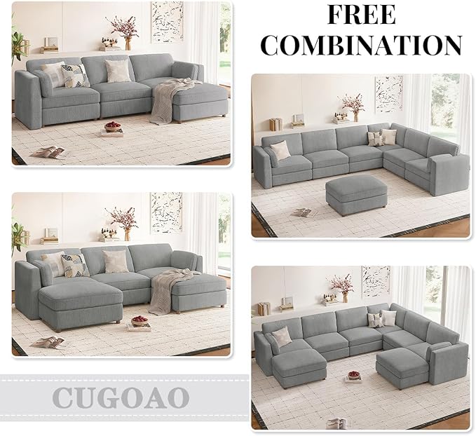 CUGOAO 118'' Modular Sectional Sofa, Oversized, Sectional Couch, Deep Seat Chenille Cloud Couch Sofa, Removable Cover, Mordern Upholstered Couches for Living Room, Apartment, Office, Grey