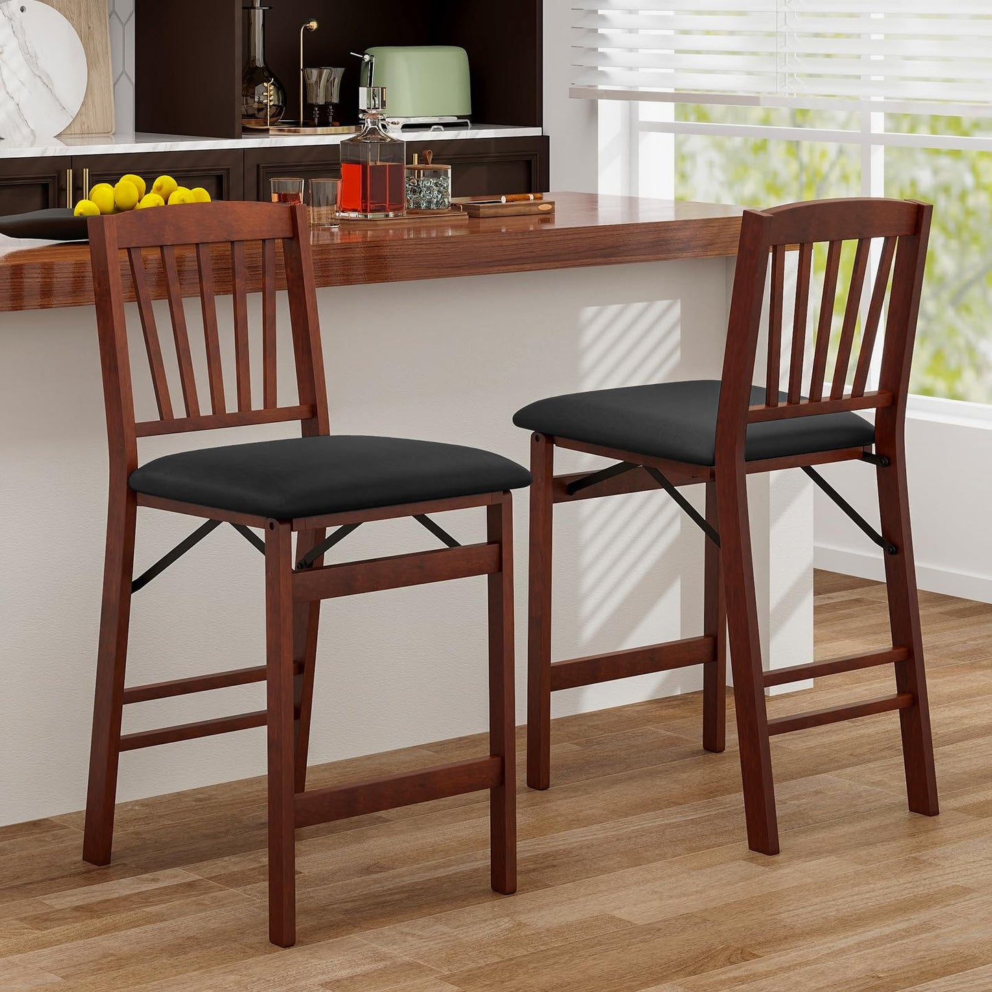 Giantex Folding Bar Stools Set of 2, 24.5" Counter Height Bar Dining Chairs with Back, Padded Seat, Footrest & Rubber Wood Legs, Upholstered Foldable Barstools for Kitchen Island, No Assembly Needed
