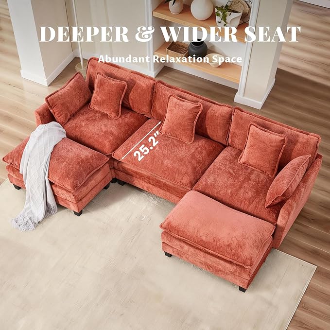SoarFlash 113.78" Chenille Sectional Sofa, Comfy U Shaped Modular Coush Sofa with Ottoman, Modern 4 Seat Couch Deep Seat Sofa Set for Living Room,Orange