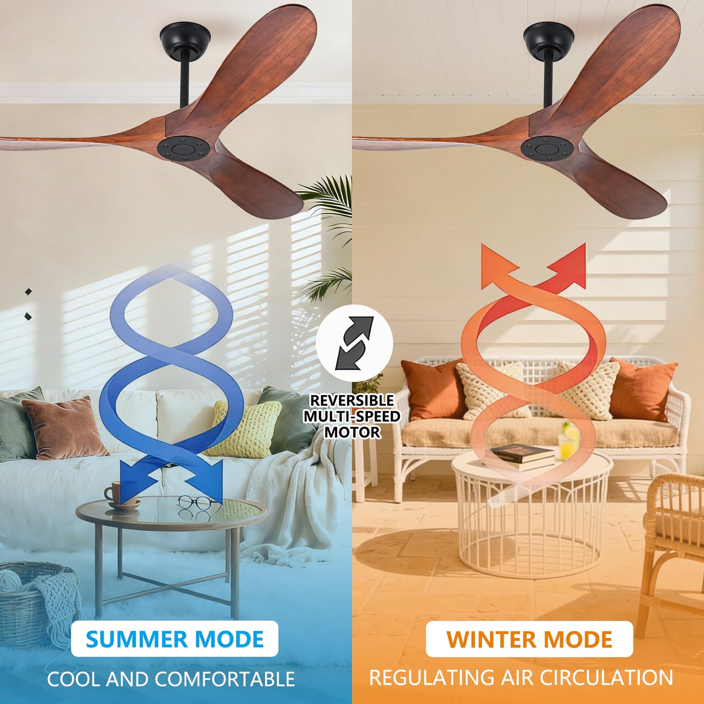 Zronon 52 Inch Ceiling Fan No Light, Wood Outdoor Ceiling Fans for Patios Living Room Bedroom, Indoor Modern 3 Blade Propeller Wet Rated Ceiling Fan without Lights with Remote (Walnut)