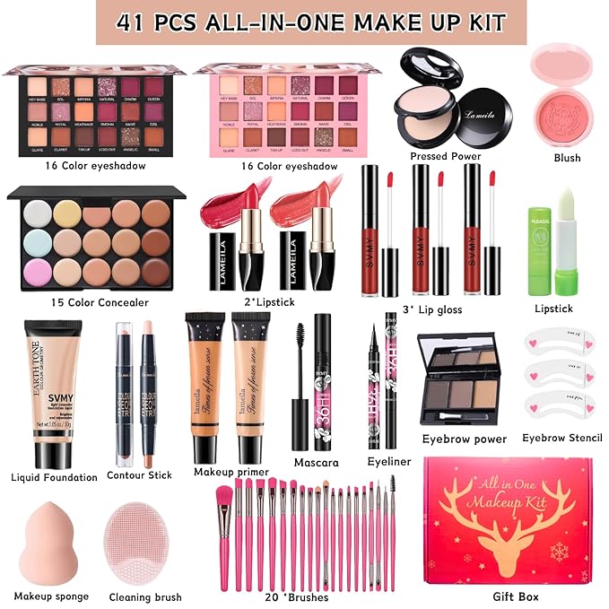 All in One Makeup Kit for Women Full Kit, 41PCS Professional Makeup Kit, Foundation Eyeshadow Lipstick Eyeliner Brush set, Complete Make Up Gift Set for Beginners and Professionals Alike