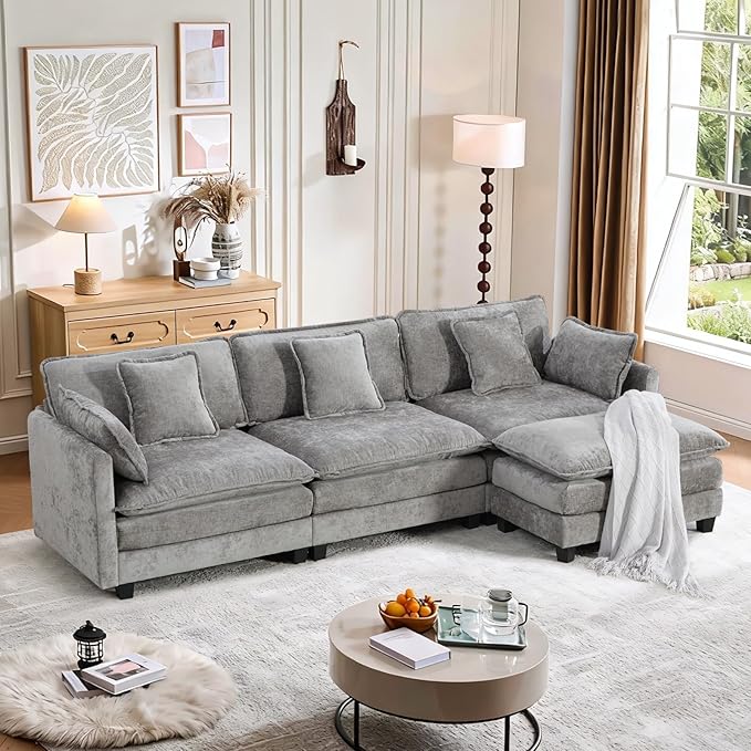 SoarFlash 113.78" Chenille Sectional Sofa, Comfy L Shaped Modular Coush Sofa with Ottoman, Modern 4 Seat Couch Deep Seat Sofa Set for Living Room,Grey