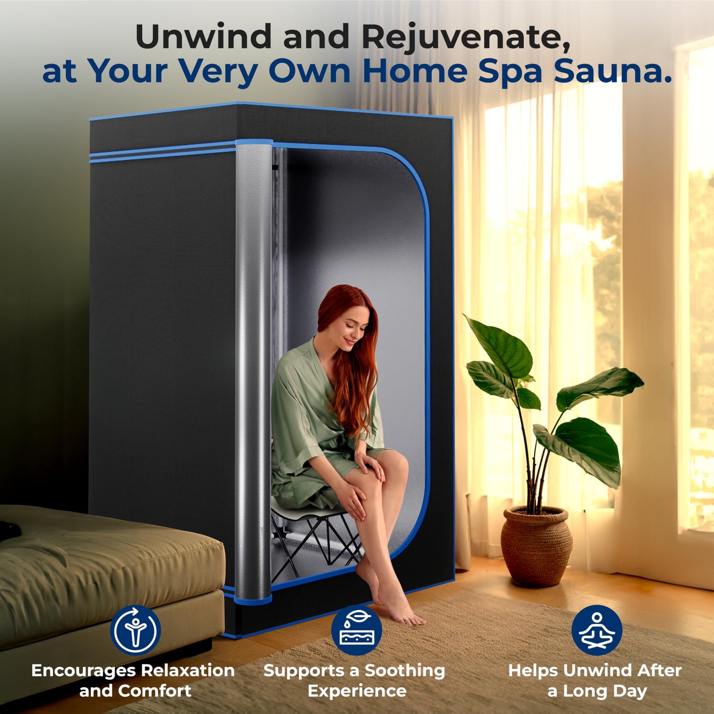 SereneLife Portable Sauna Box for Home, Steam Tent with Extra Large 4L Steamer - Includes Folding Chair, Remote Control w/ 9 Heat Levels for in-Home Spa - 2.9' x 2.9' x 5.9'