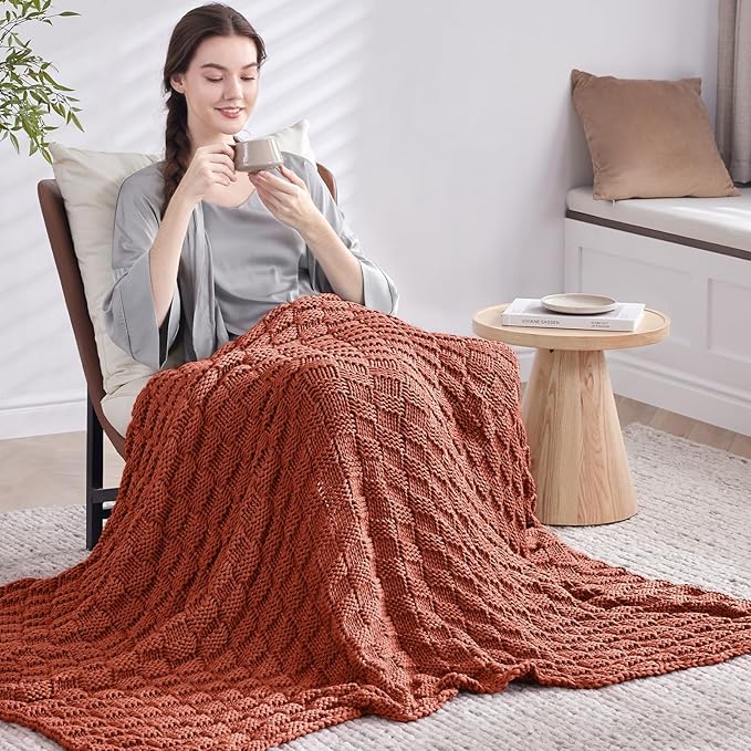 Knitted Weighted Blanket Adult, No Beads Heavy Blanket 50” x 60'' 5lbs, Breathable Chunky Knit Blanket, Cooling Weighted Blanket for Hot Sleepers, Christmas Home Decor (Orange)