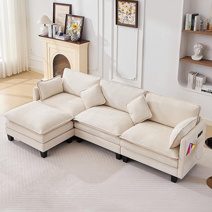 Opiesit 108" Modular Sectional Couches for Living Room with Ottoman, L Shaped Cloud Couch with Charger, USB & Type-c Port, Comfy 4 Seats Sofas with Deep Seat, Chenille Fabric, Beige