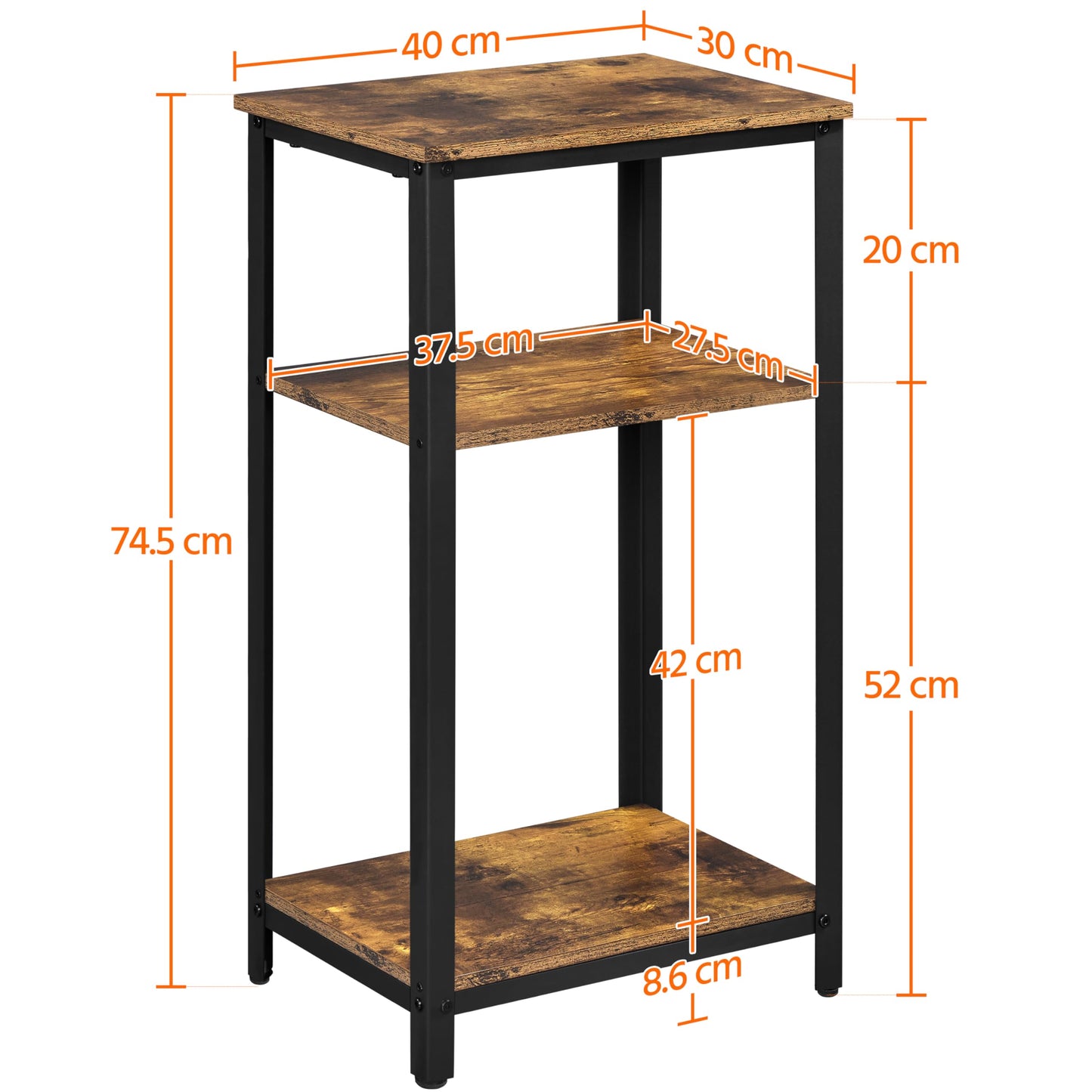Yaheetech Large 3-Tier Tall End Table, 30 Inches High Side Table with Wooden Shelves & Strong Metal Frame for Living Room Small Space, 12 x 16 x 29.5 inches，Rustic Brown