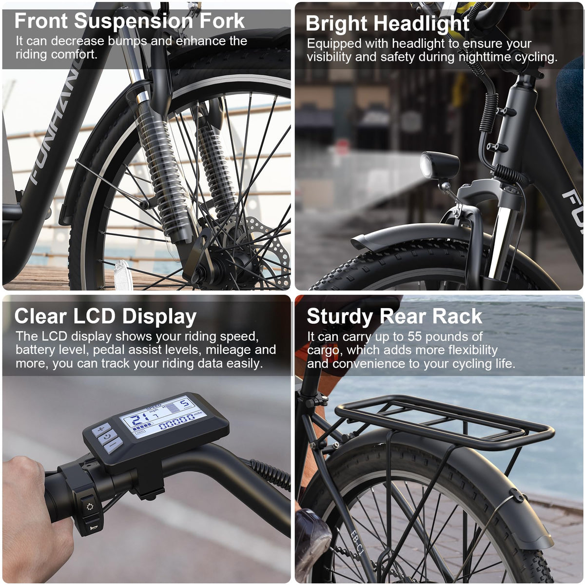 Funhang Electric Bike for Adults, 26" 1000W Peak City Cruiser Ebike, 21.7MPH 50 Miles Commuter Electric Bicycle with 48V 374.4WH Removable Li-ion Battery, Adjustable Stem, Rear Rack, Fenders, 7-Speed
