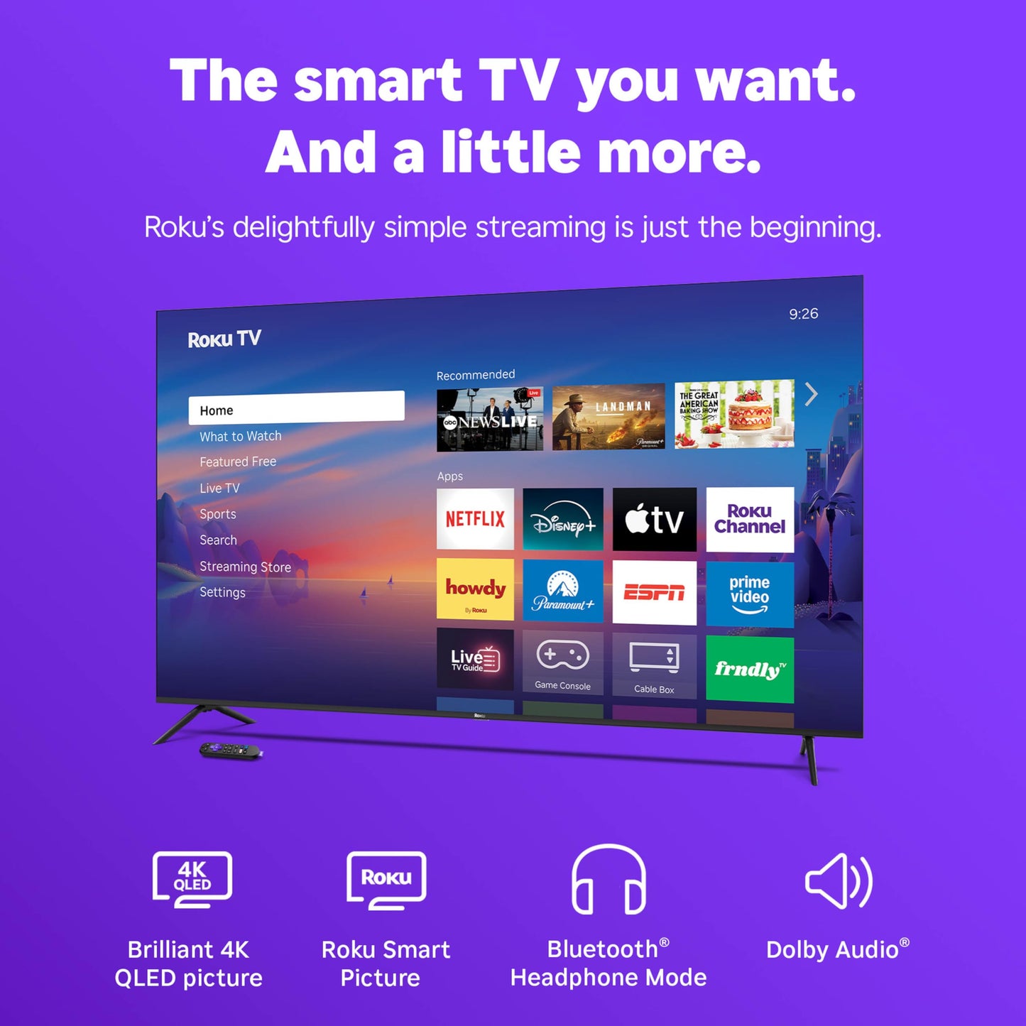 Roku Smart TV 2026 – 75-Inch Select Series, 4K QLED TV – Roku TV with Voice Remote – Flat Screen QLED Television with Wi-Fi for Streaming Live Local News, Sports, & Movies – Bluetooth Headphone Mode