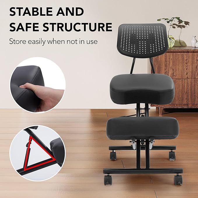 SOMEET Ergonomic Kneeling Chair with Back Support, Kneeling Desk Chair for Home Office with Brake and Gliding Casters, Adjustable Posture Chair with High Back for Desk to Relieve Back Pain, Black PU