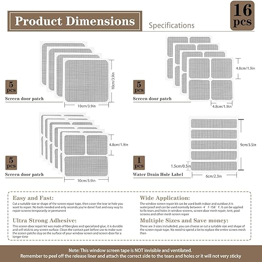 16 Sheets Window Screen Patches Repair Kit Black 4 Sizes Window Screen Repair Kit for Mesh Screen Door High-Strength Adhesive Fiberglass Quick Screen Repair Tape