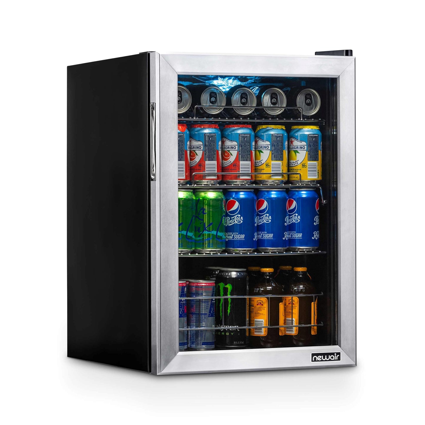 NewAir 90 Can Beverage Refrigerator | 17” Freestanding Small Mini Fridge for Bedroom, Home Bar or Office | Quiet Compressor Cooling & Adjustable Shelves | Stainless Steel