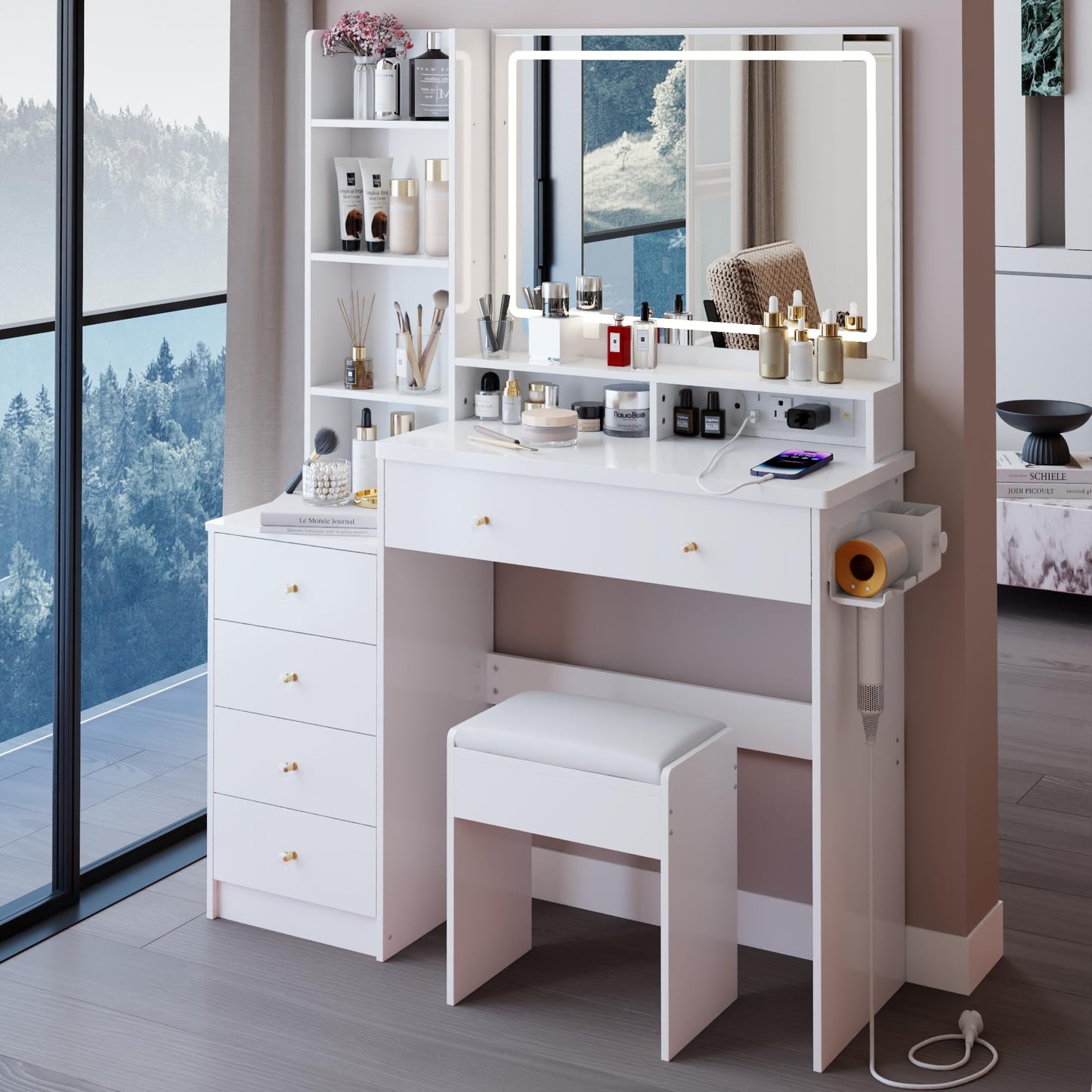 ESENATI Vanity Desk with Mirror and Lights,Makeup Vanity with Power Outlet,Hair Dryer Rack,5 Drawers,Storage Shelves,3 Light Modes Adjustble Brightness,Dressing Table with Stool for Bedroom,White