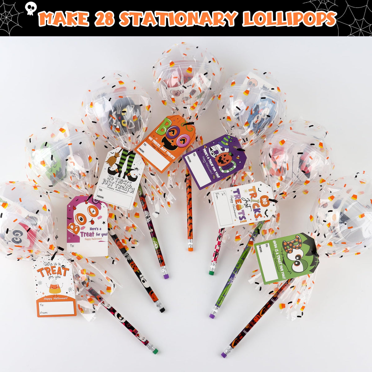 POPGIFTU Halloween Party Favors for Kids - 28 Pack Giant Lollipop-Shaped Stationery Set with Pencil Sticker Erase Notepad Sharpener for Halloween Trick or Treat, Classroom Gifts for Boys & Girls