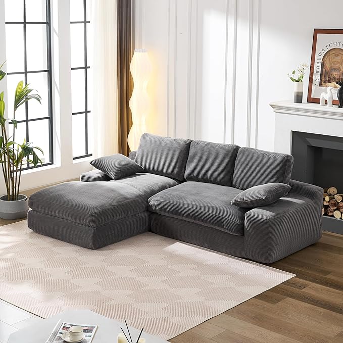 98.4" Cloud Modular Sectional Couch with Chaise,L-Shaped Modern Upholstered Sofa with Deep Seat,Corduroy Sectional Couches for Living Room and Bedroom,No Assembly Required(Grey)