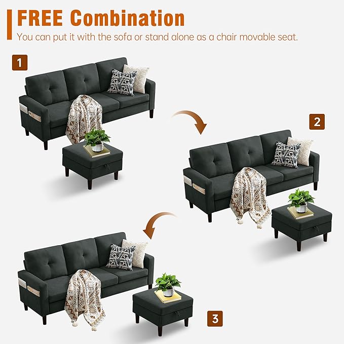 Pingliang Home Sectional Sofa Couches for Living Room, Modular 3 Seats Sectional Sofas L Shaped Couch with Storage and Reversible Chaise, Linen Fabric, 79" (Black)