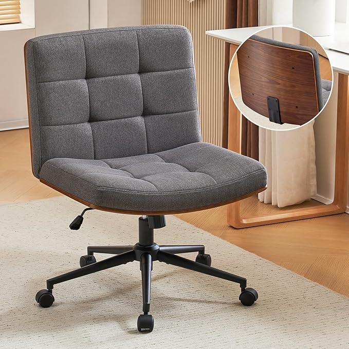 Furnimart FSC Wooden Wide Desk Chair, 360° Swivel Criss Cross Office Chair with Wheels, Comfy Cross Legged Sitting, Armless Height Adjustable Rolling Chair for Bedroom, Office, Vanity (Linen Gray)